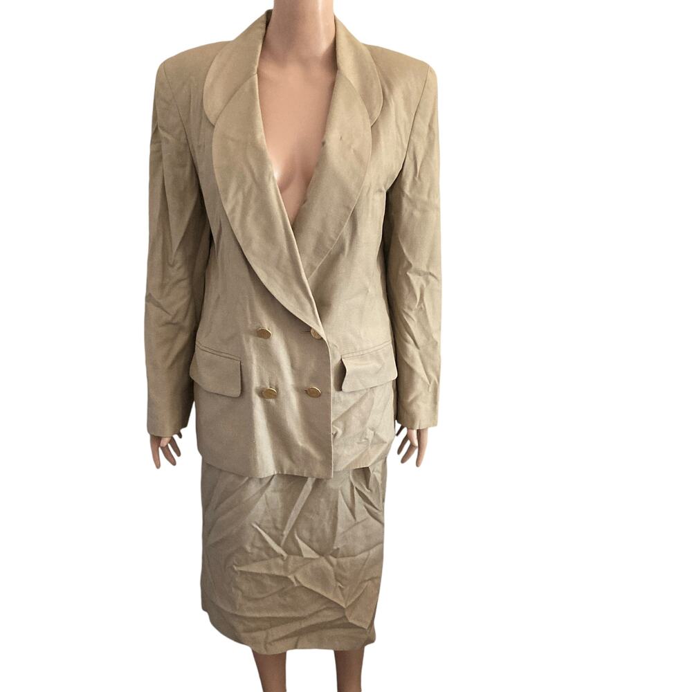 Vintage Albert Nipon Skirt Suit Womens Size 10 Light Brown Double Breasted